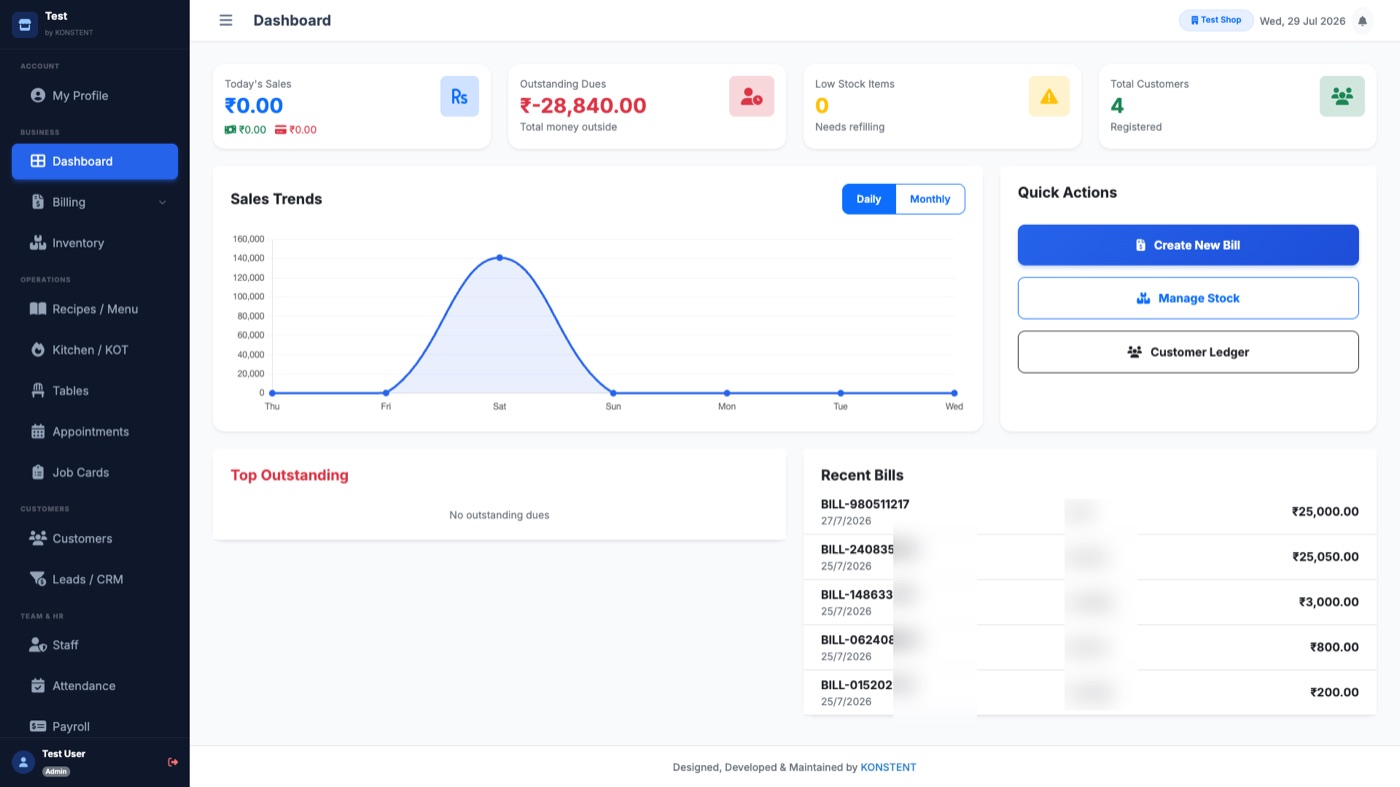 BUSSKON dashboard showing sales trends, quick actions, and recent bills