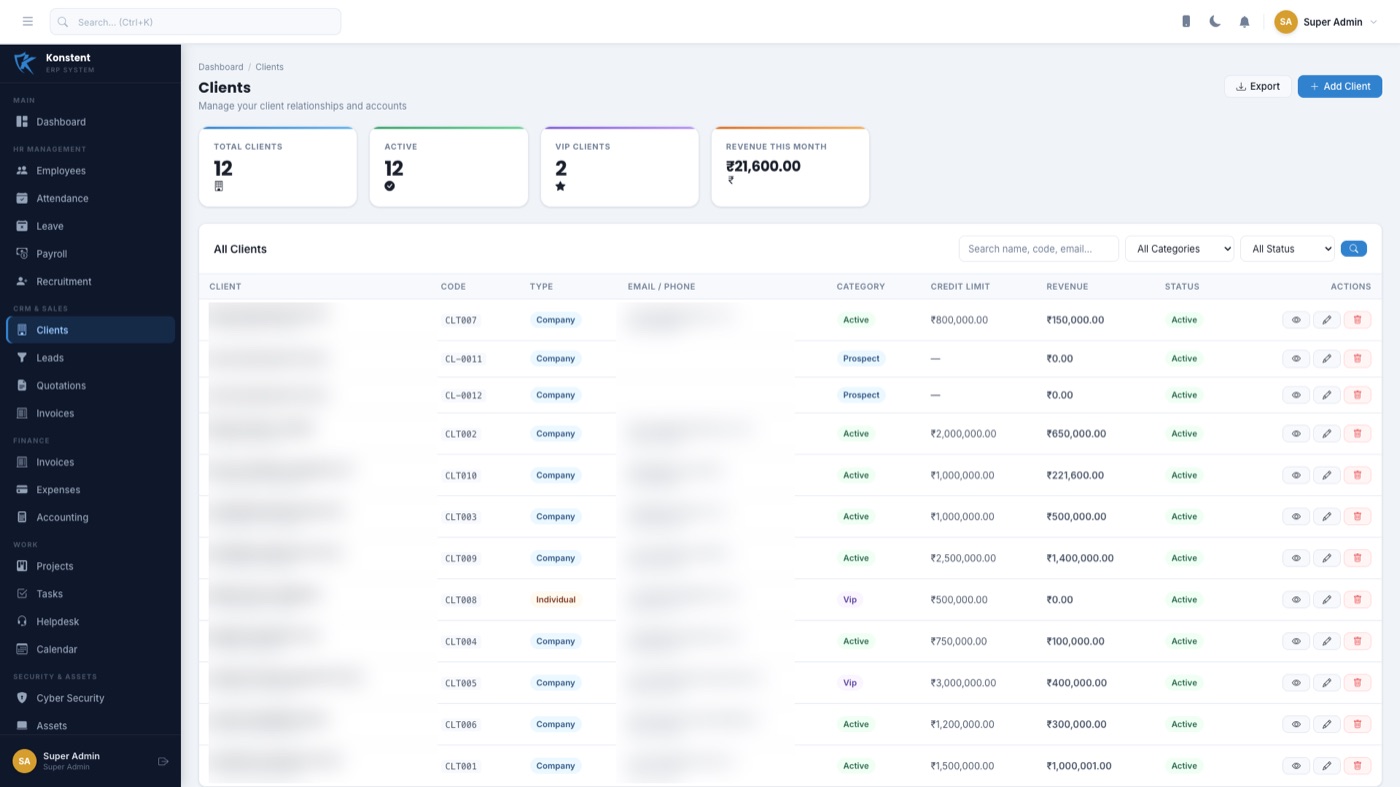 ENTERKON clients screen