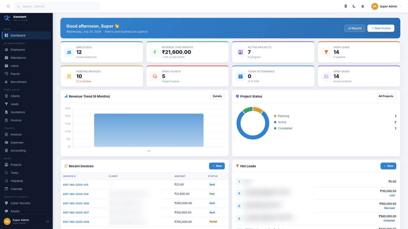 ENTERKON dashboard showing revenue trend, project status, and recent invoices