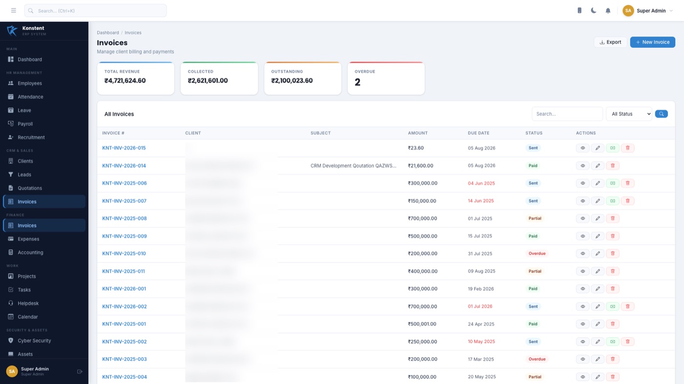 ENTERKON invoices screen