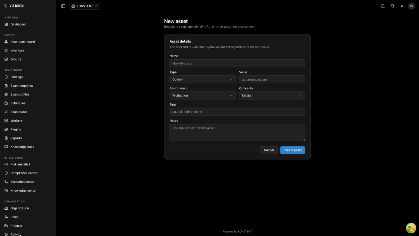 VULNKON new asset registration form