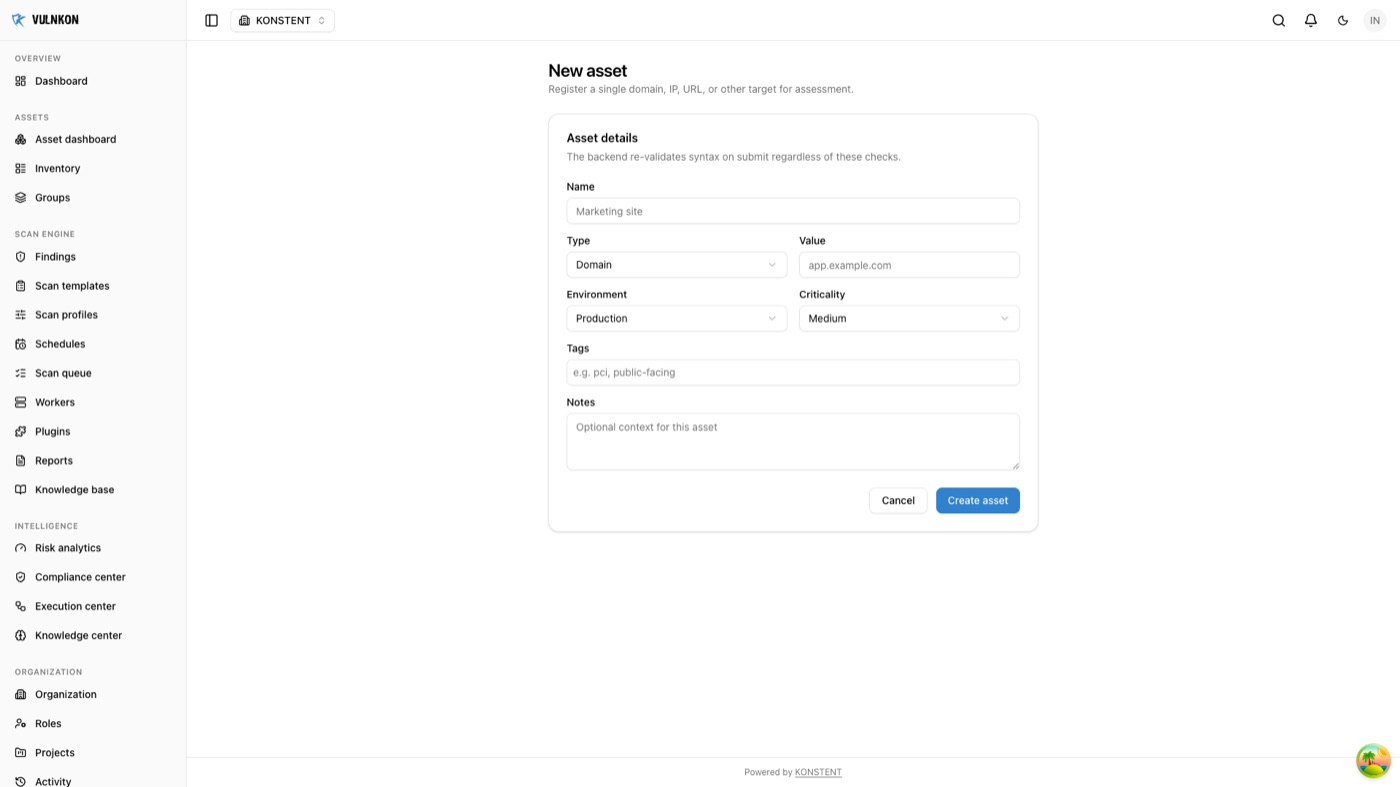 VULNKON new asset registration form