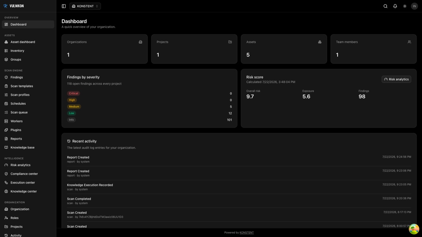 VULNKON dashboard showing findings by severity, risk score, and recent activity