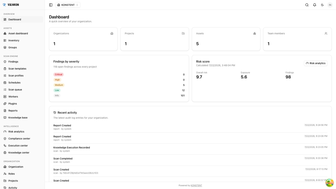 VULNKON dashboard showing findings by severity, risk score, and recent activity