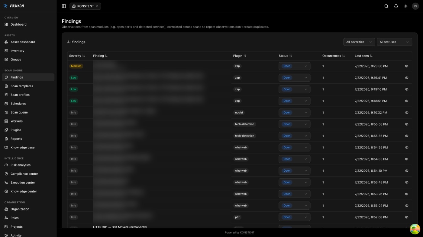 VULNKON findings screen showing detected issues