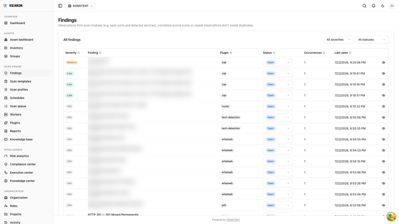 VULNKON findings screen showing detected issues