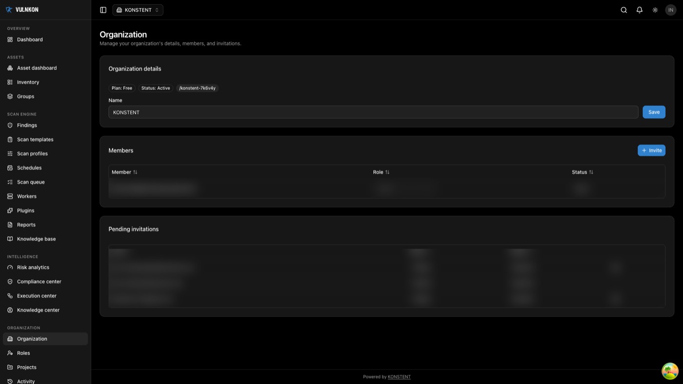 VULNKON organization overview screen