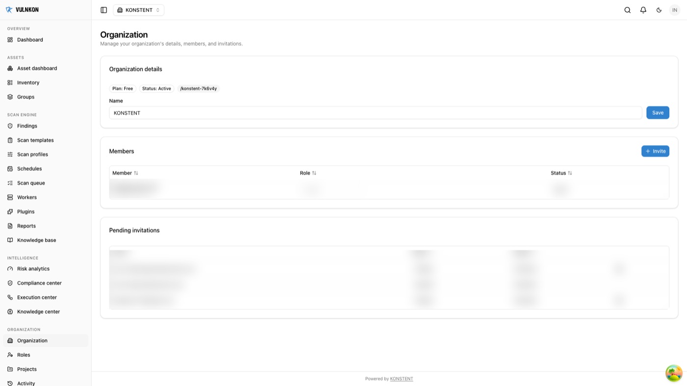 VULNKON organization overview screen