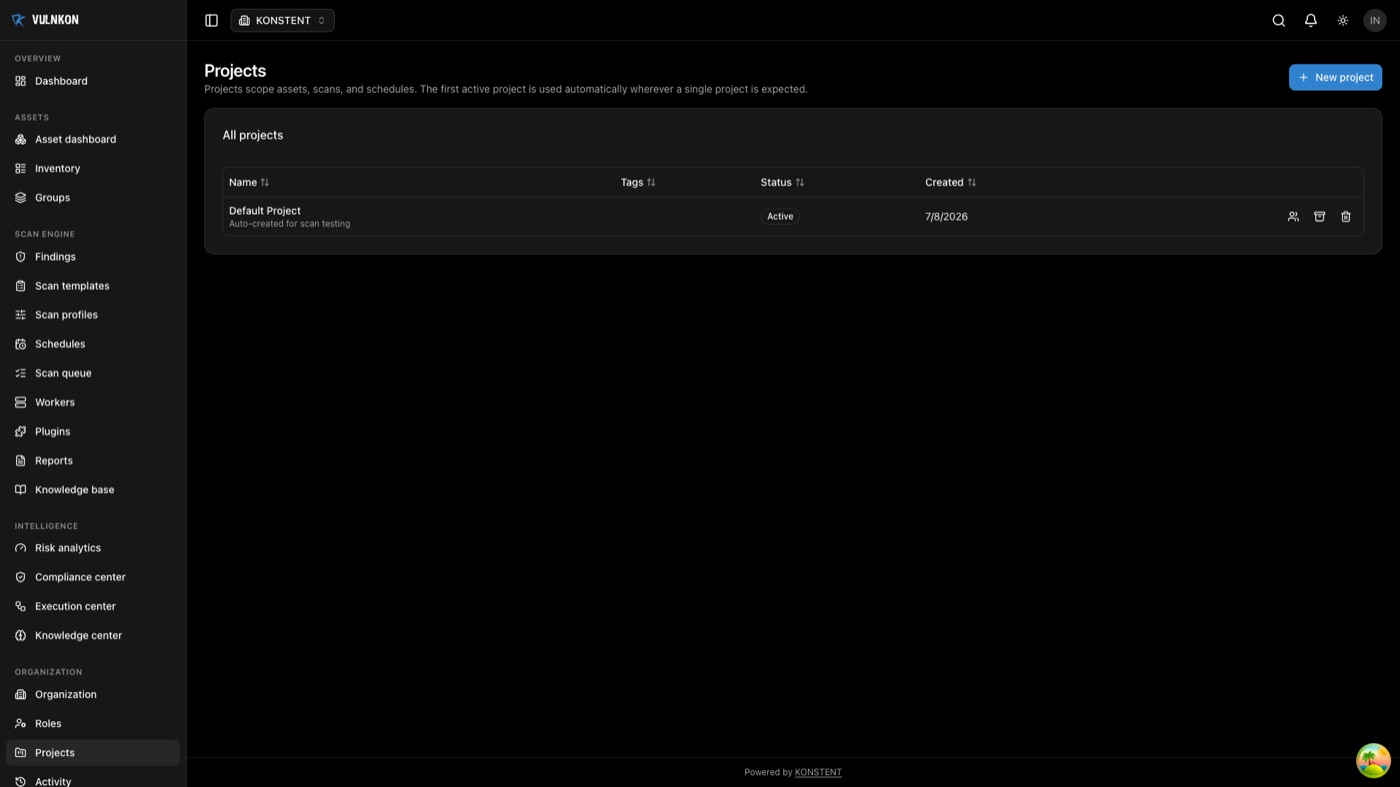 VULNKON projects screen