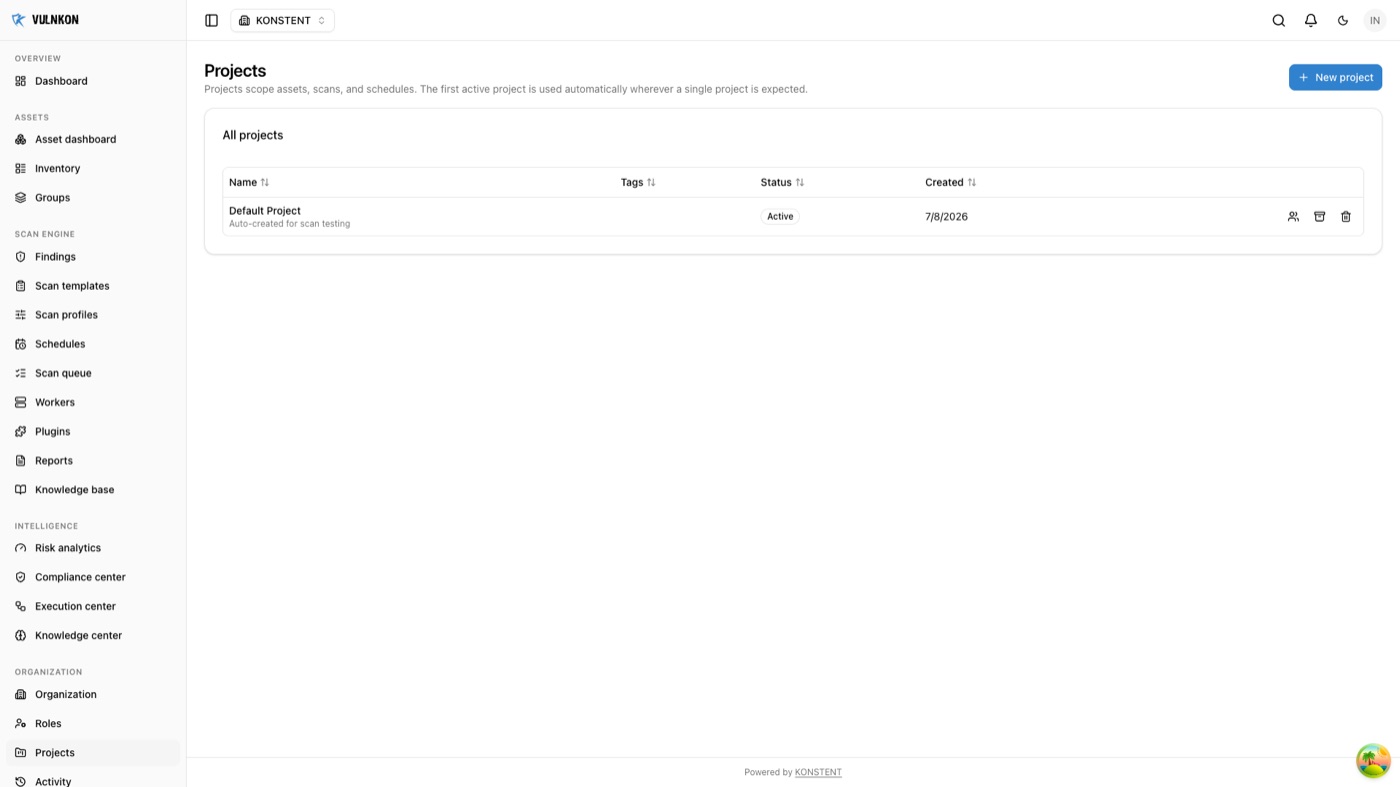 VULNKON projects screen