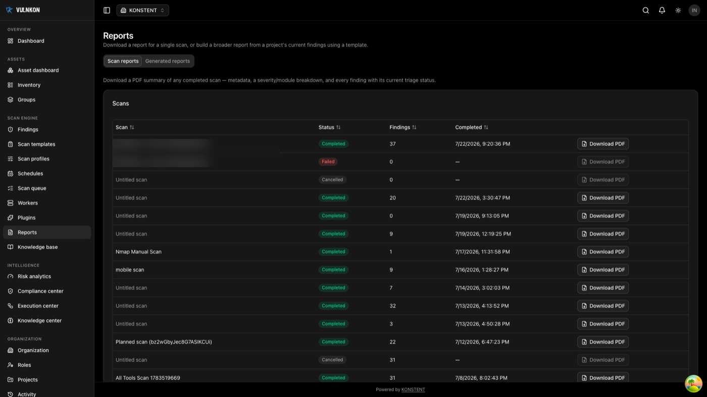 VULNKON reports screen