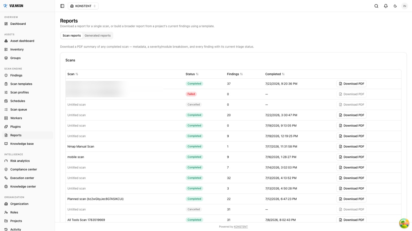 VULNKON reports screen