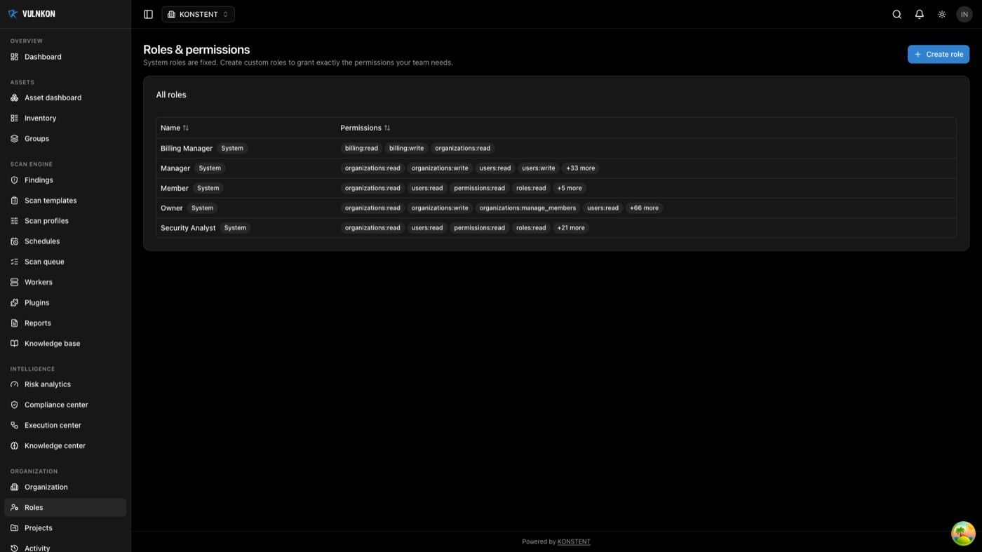 VULNKON roles and permissions screen