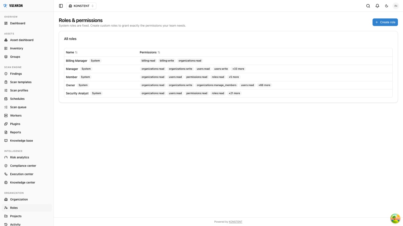 VULNKON roles and permissions screen