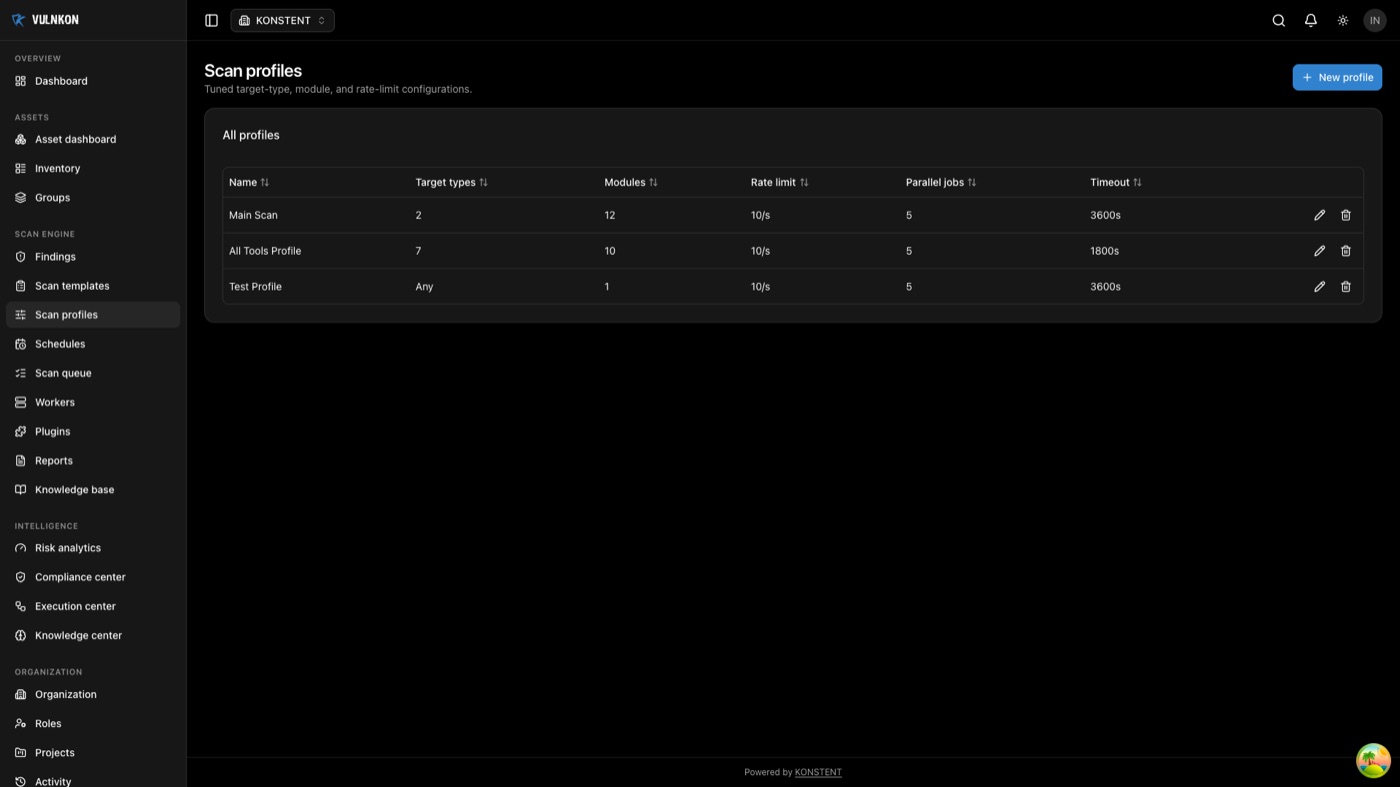VULNKON scan profiles screen