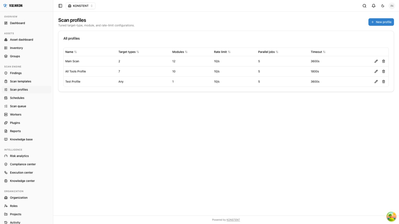 VULNKON scan profiles screen