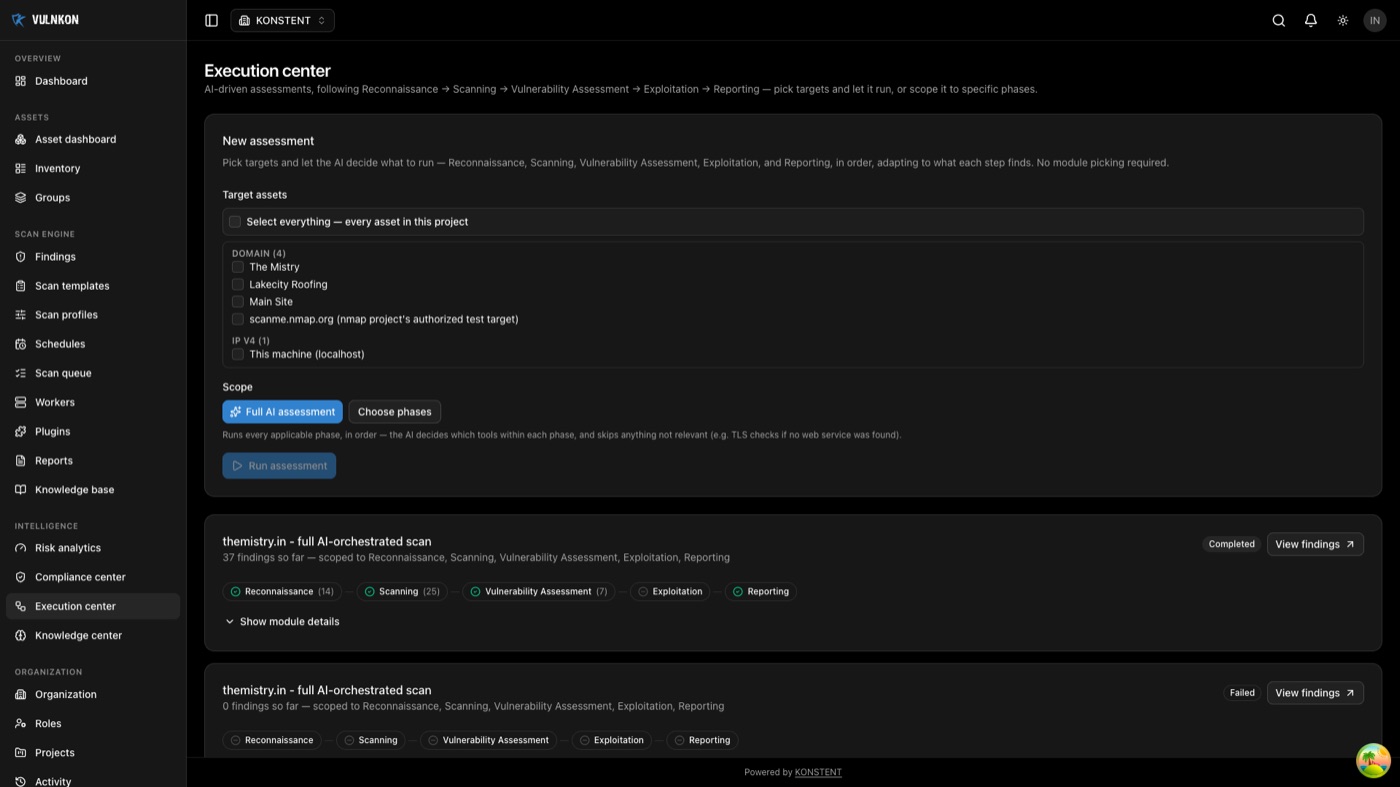 VULNKON execution center showing AI-driven assessment phases