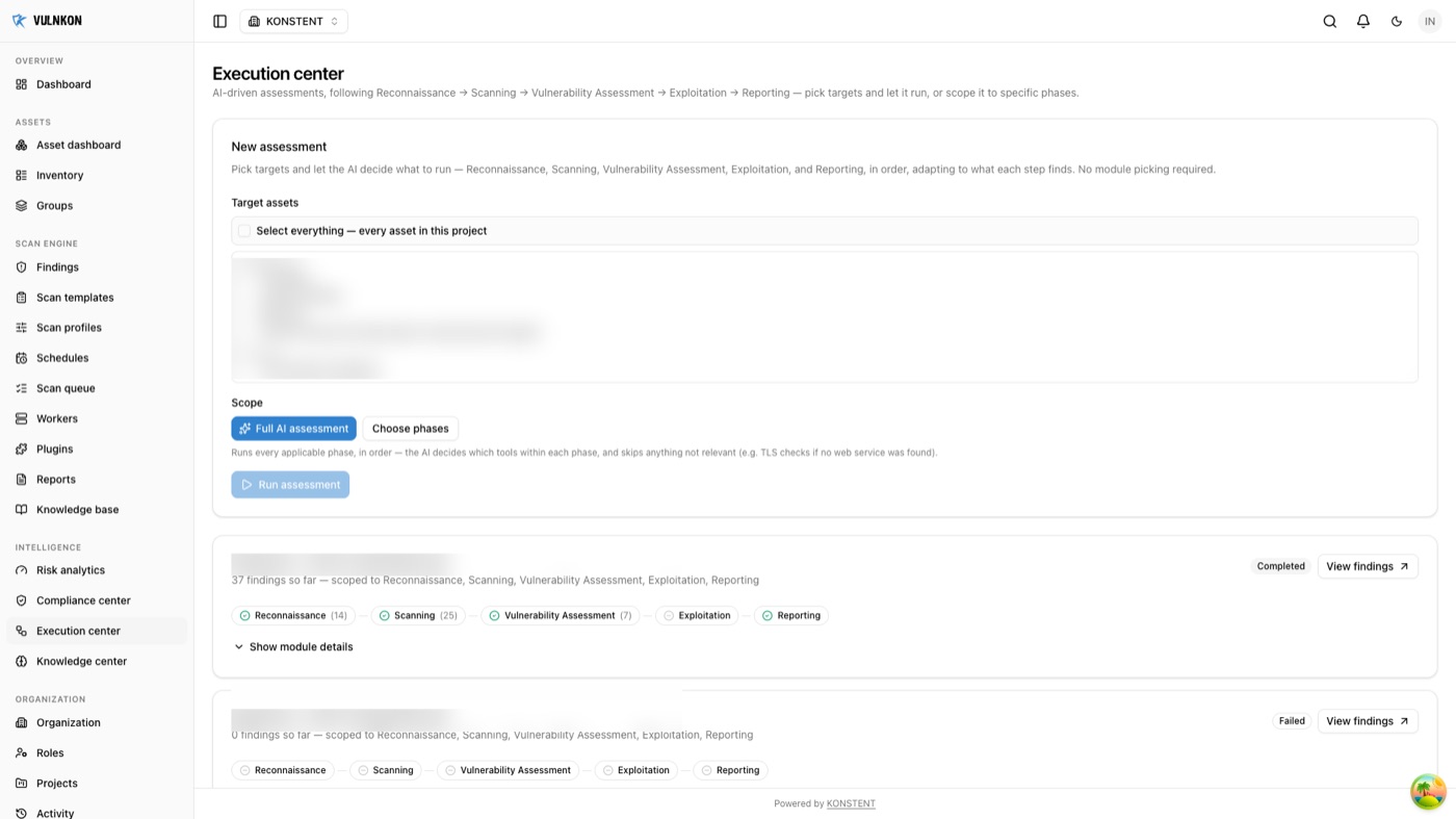 VULNKON execution center showing AI-driven assessment phases